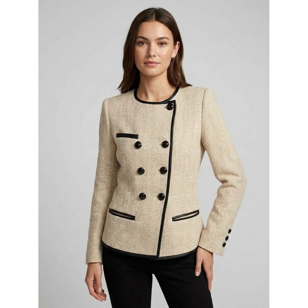 Isabel Marant Double Breasted Leather Trim Blazer Jacket Beige Womens Size 38